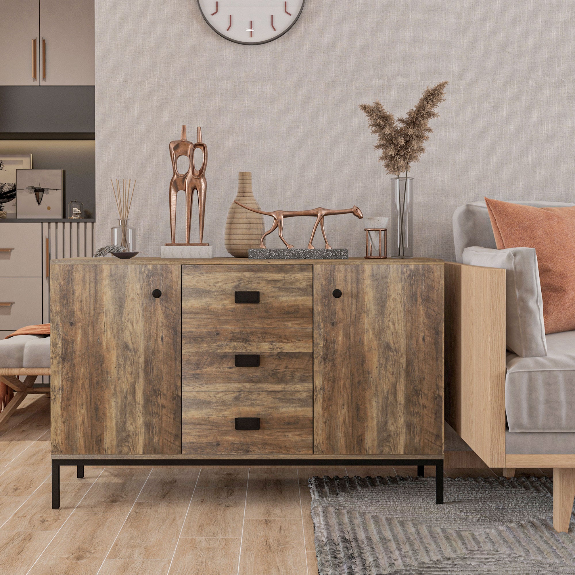 HOMCOM Industrial Sideboard with 3 Drawers, Storage Cabinet, Accent Cupboard with 2 Doors and Adjustable Shelves for Kitchen, Dining Room, Living Room, Distressed Brown